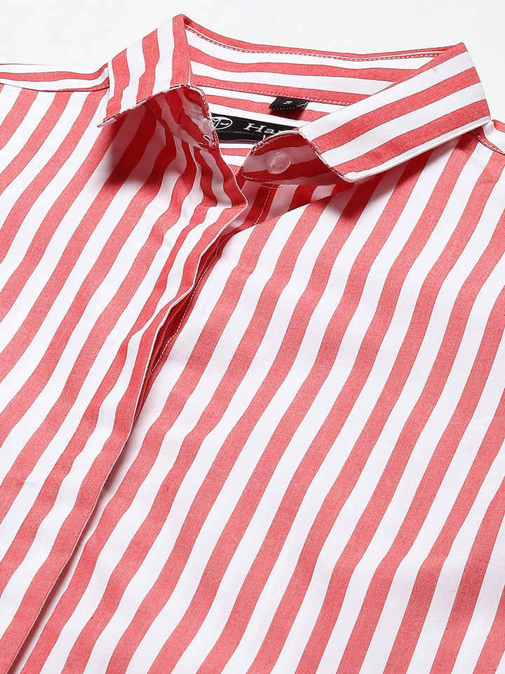 Women Red & White Stripes Pure Cotton Slim Fit Formal Shirt