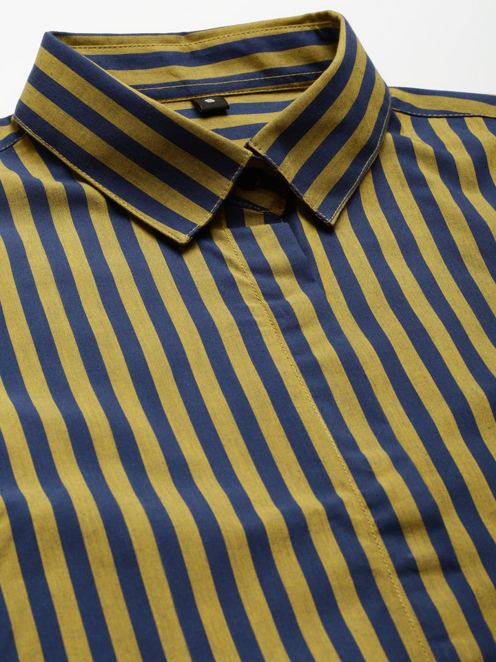 Women Navy & Yellow Striped Pure Cotton Regular Fit Formal Shirt