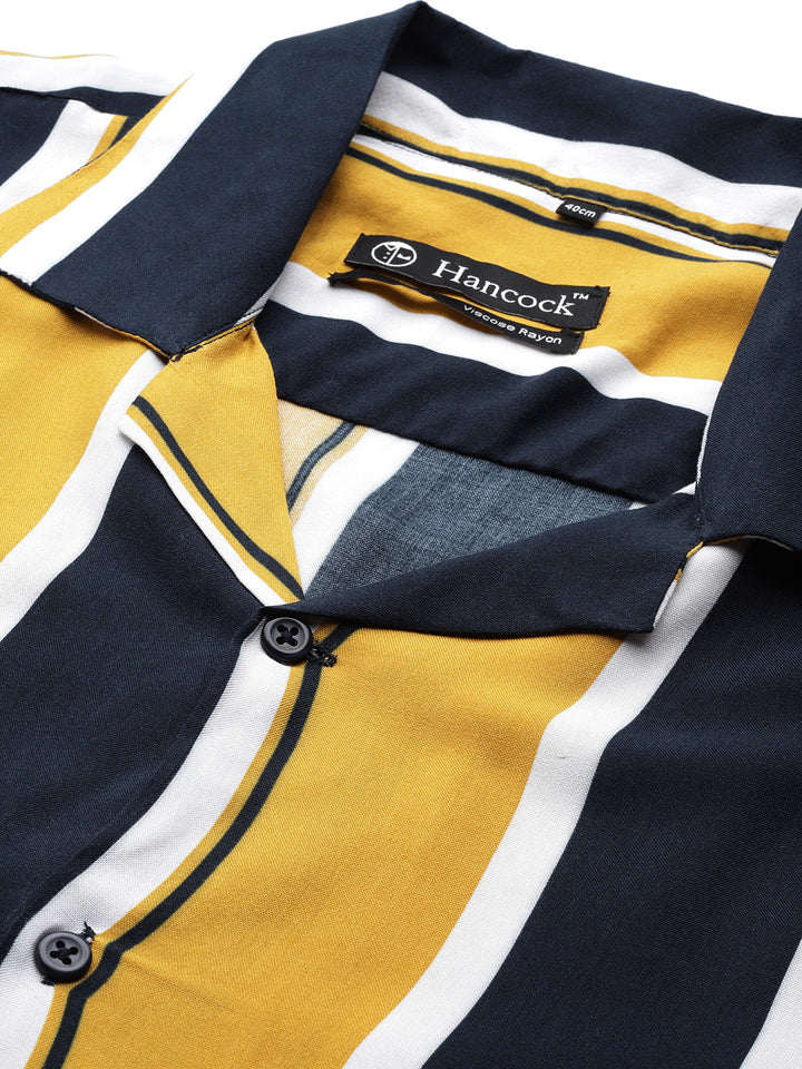 Men Navy & Mustard Striped Viscose Rayon Relaxed Fit Casual Resort Shirt