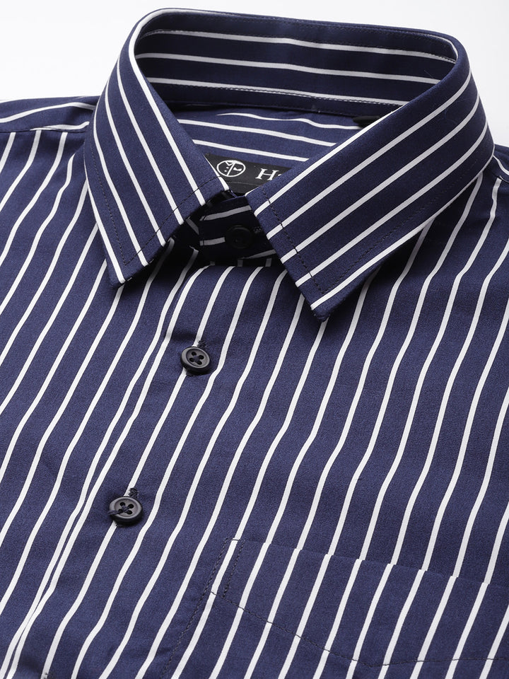 Men Navy Stripes Pure Cotton Slim Fit Formal Shirt