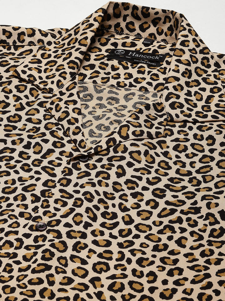 Men Beige & Black Leapord Printed Viscose Rayon Relaxed Fit Casual Resort Shirt