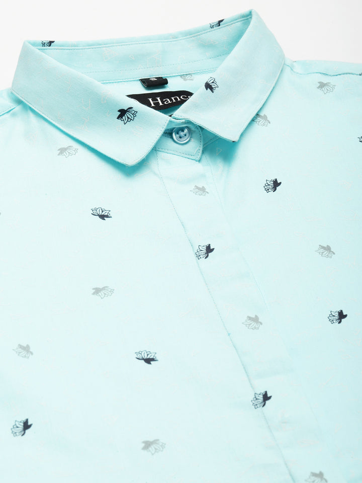 Women Sky Blue Printed Pure Cotton Slim Fit Formal Shirt