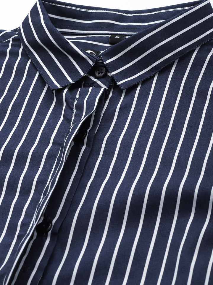 Women Navy Stripes Pure Cotton Slim Fit Formal Shirt
