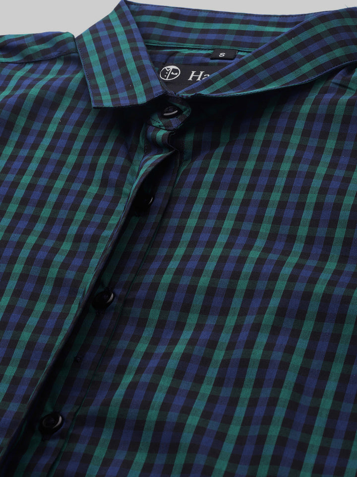 Women Navy & Green Checks Pure Cotton Slim Fit Formal Shirt