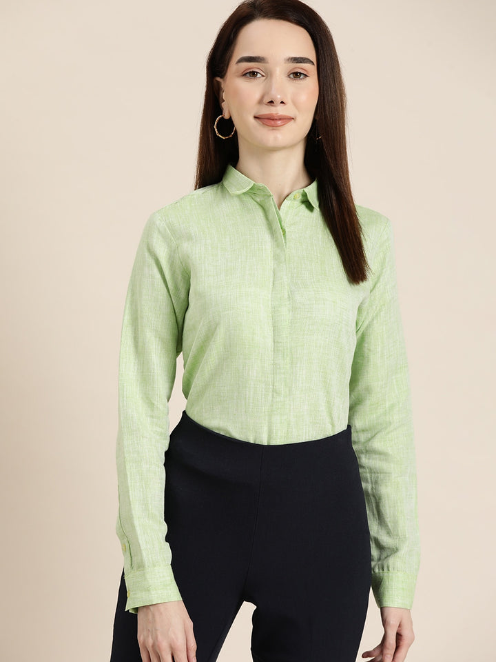 Women Green Solid Linen Cotton Slim Fit Formal Shirt