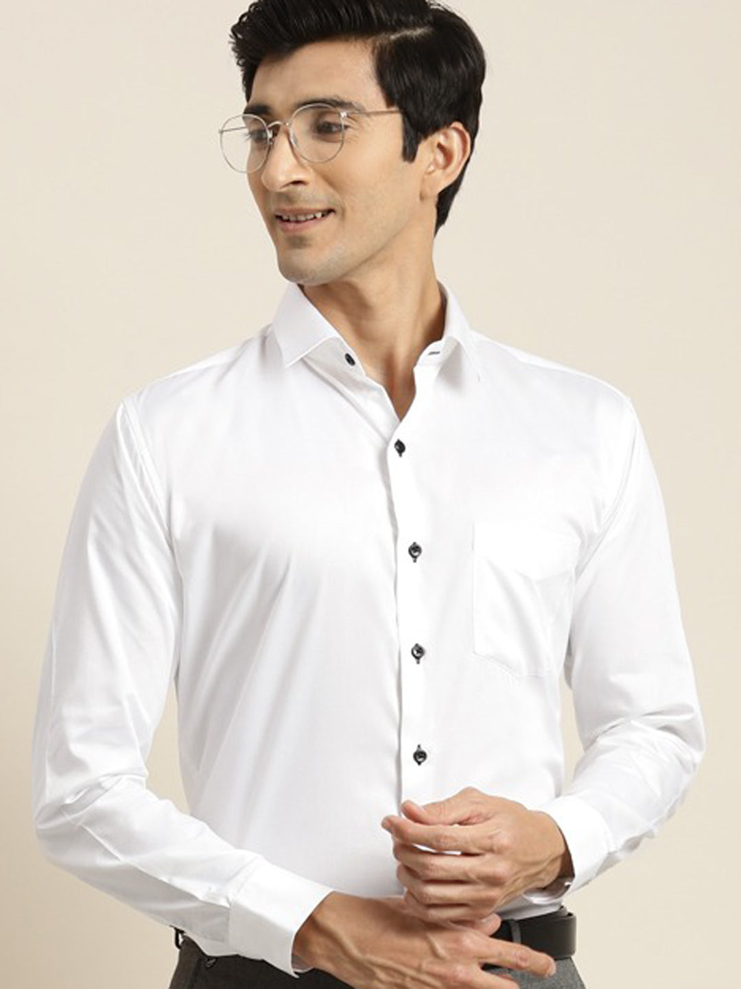 mens white dress shirt with black buttons Comfort Stretch Non-Iron Solid Dress Shirt With Contrast Trim