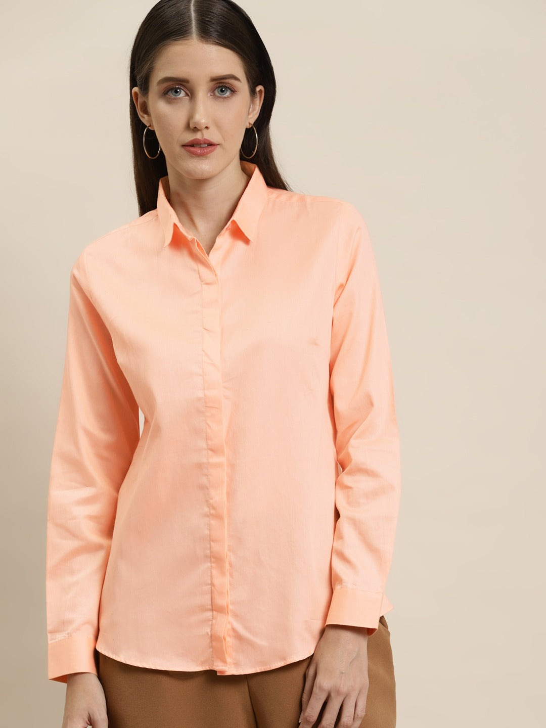 Women Peach Solid Pure Cotton Satin Slim Fit Formal Shirt