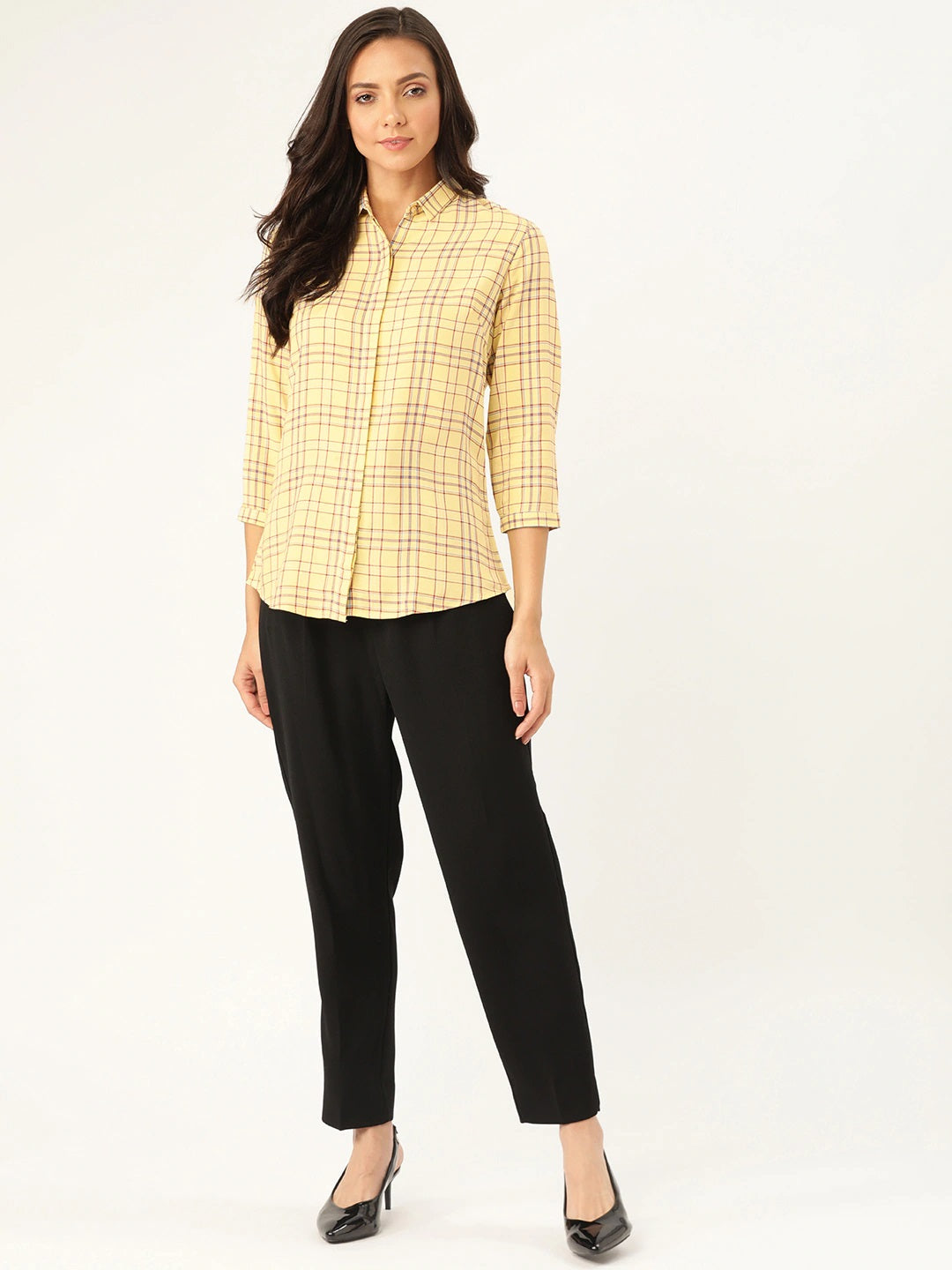 Women Yellow Checks Viscose Rayon Slim Fit Formal Shirt