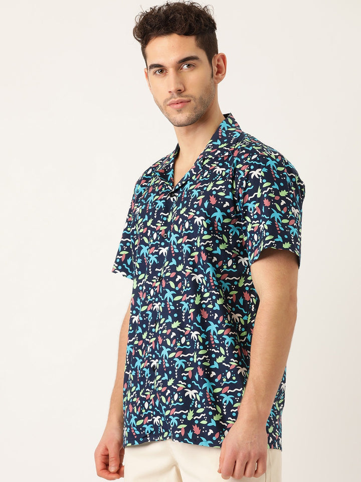 Men Navy Printed Pure Cotton Relaxed Fit Casual Resort Shirt