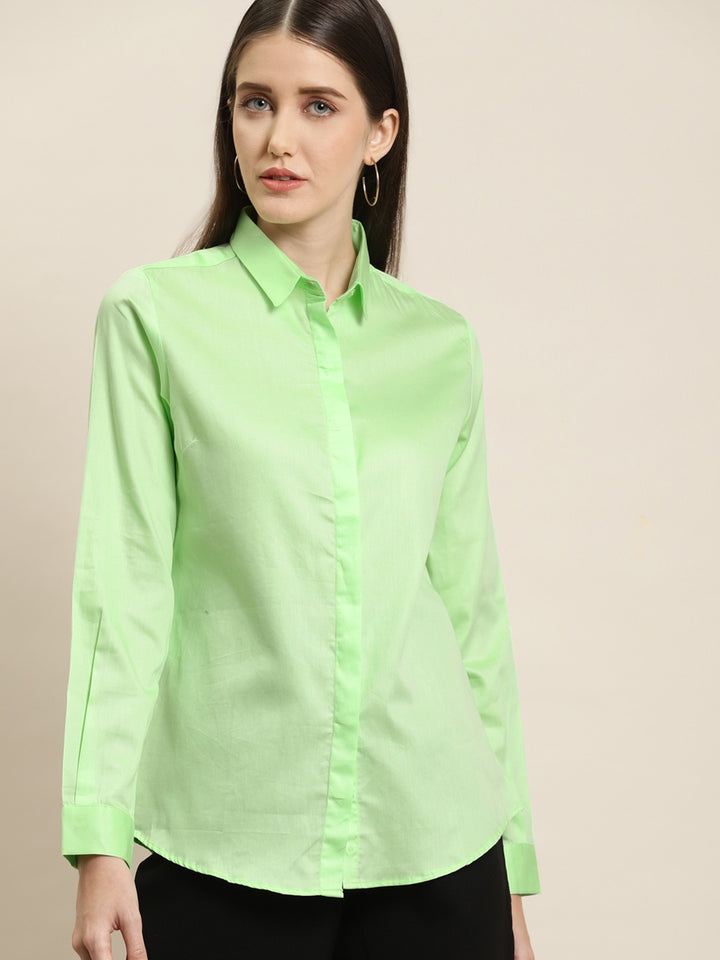 Women Green Solid Pure Cotton Satin Slim Fit Formal Shirt