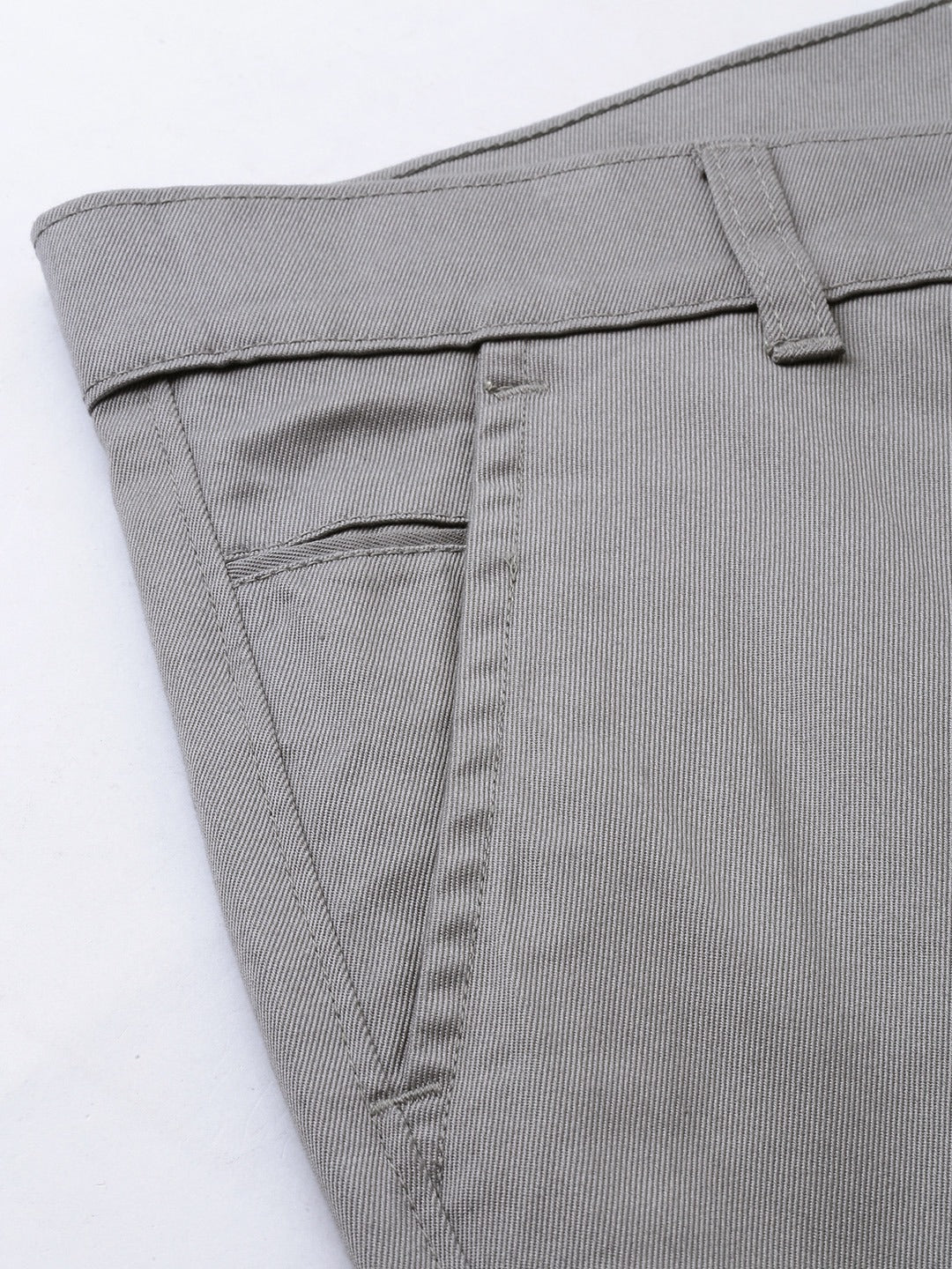 Men Stone Grey Solids Pure Cotton Slim Fit Formal Trouser