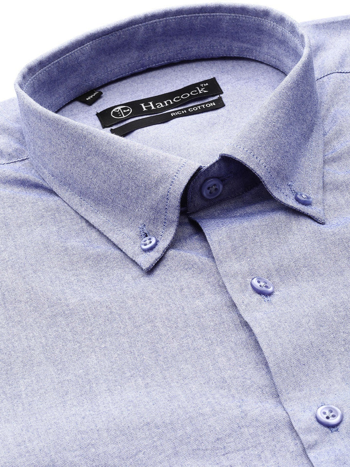 Men Blue Solid Chambray Button Down Collar Slim Fit Formal Shirt