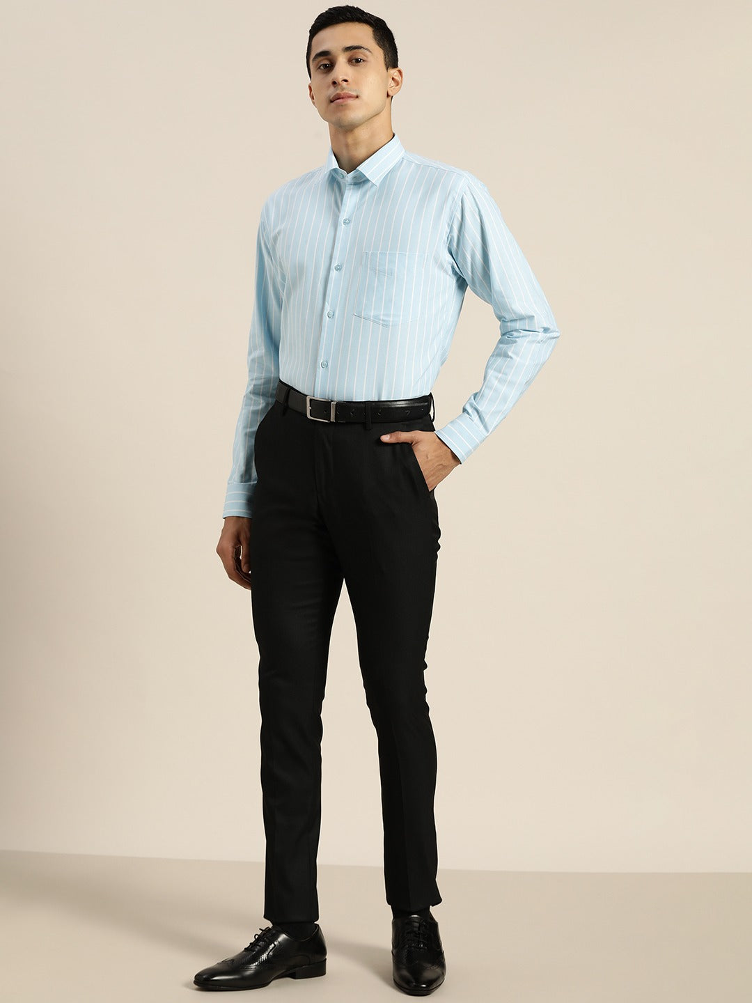 Men Blue Striped Pure Cotton Slim Fit Formal Shirt