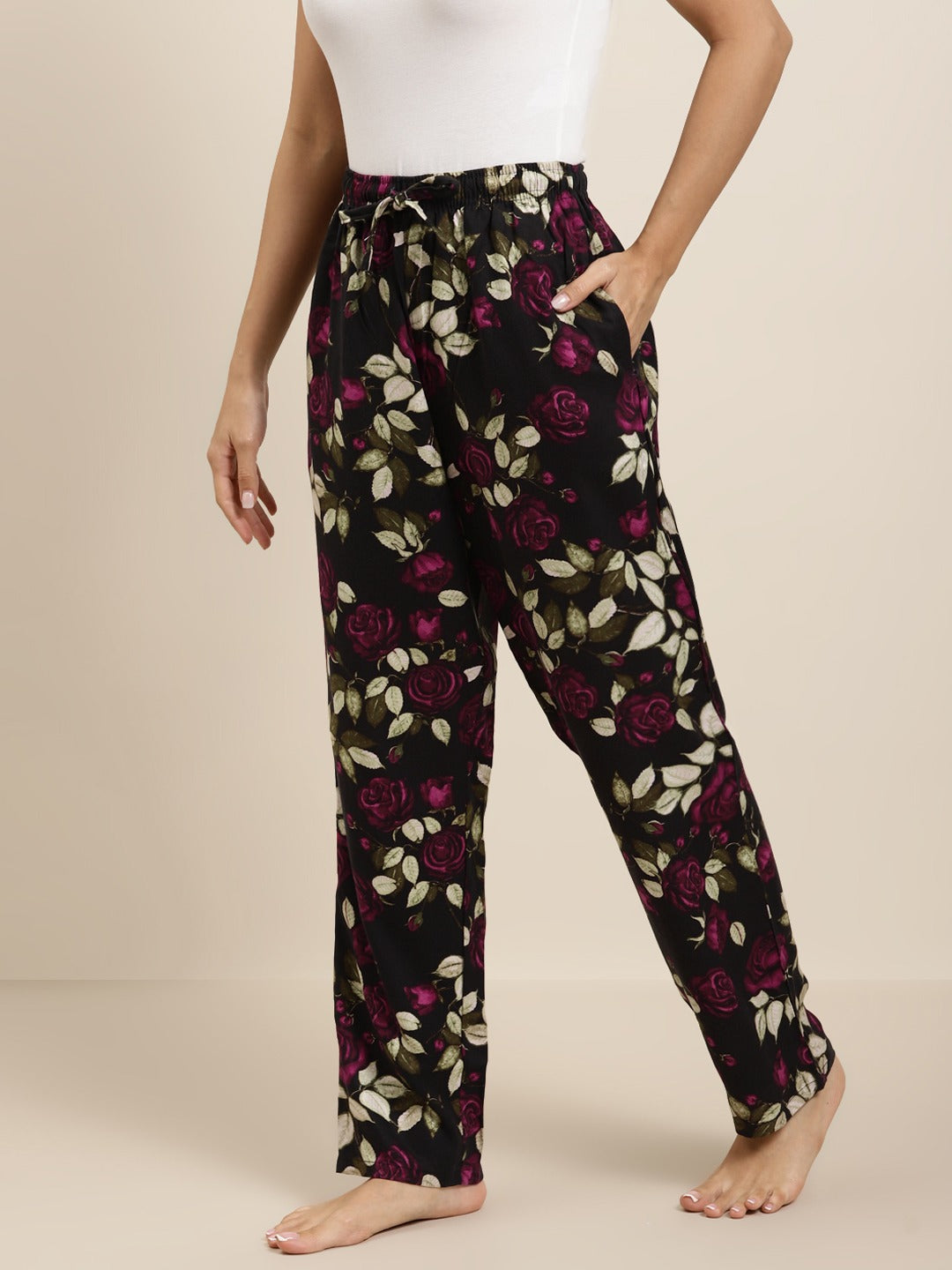 Women Black-Pink Prints Viscose Rayon Relaxed Fit Casual Lounge Pant