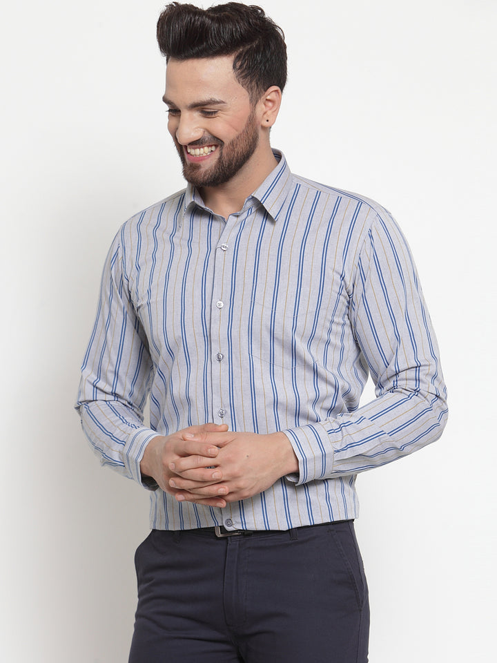 Men Grey Pure Cotton Striped Slim Fit Formal Shirt