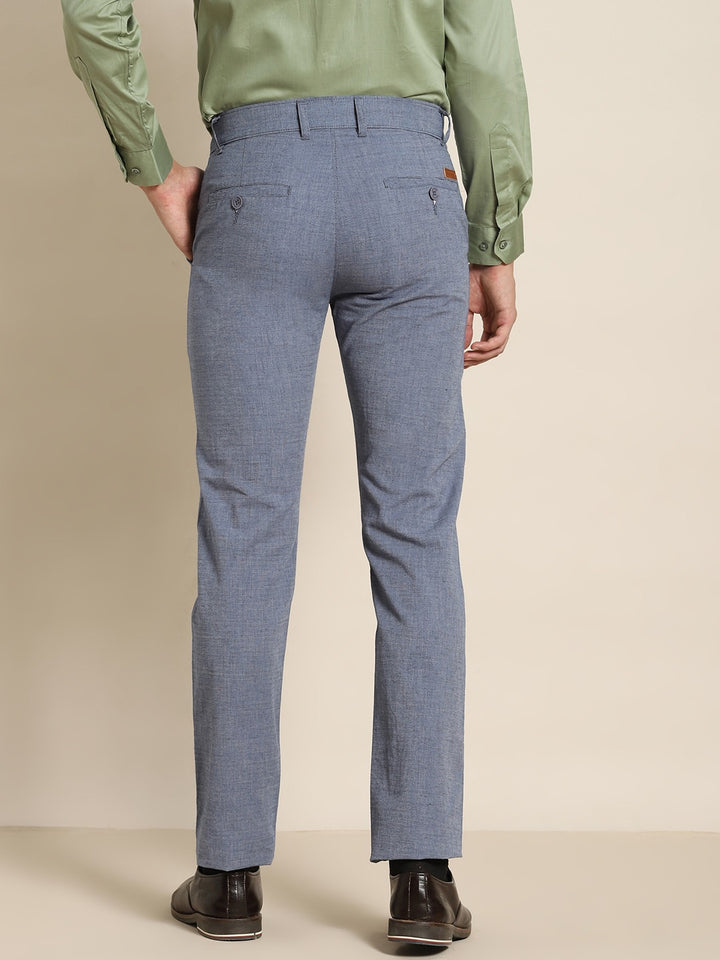 Men Blue Solids Pure Cotton Slim Fit Formal Trouser