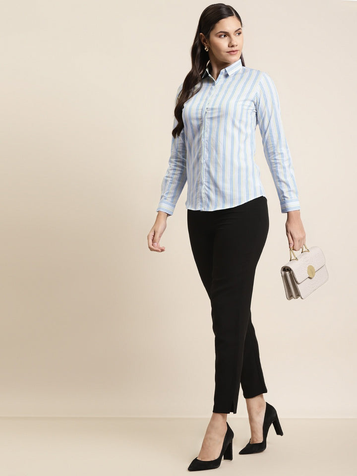 Women White & Blue Stripes Pure Cotton Slim Fit Formal Shirt