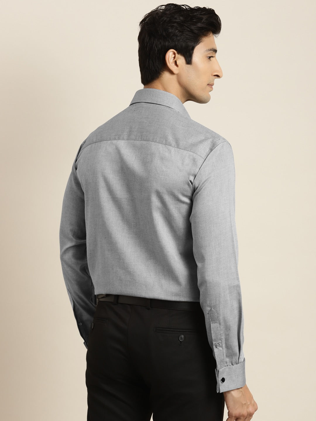 Men Grey Self Design Premium Pure Cotton French Cuff Slim Fit Formal Shirt