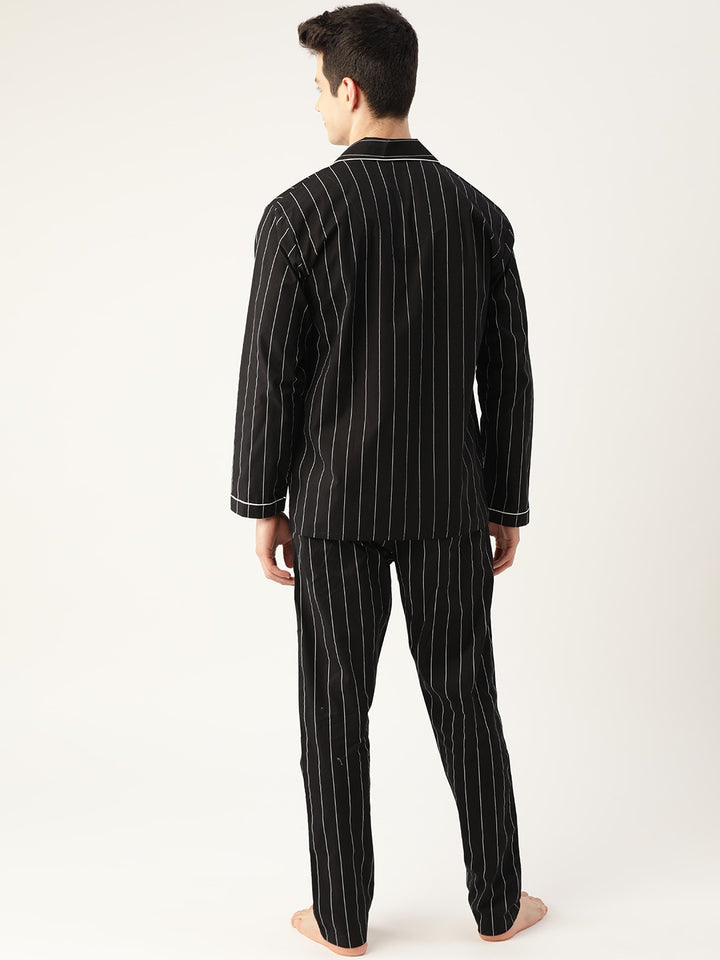 Men Black Stripes Pure Cotton Regular Fit Night Wear Night Suit