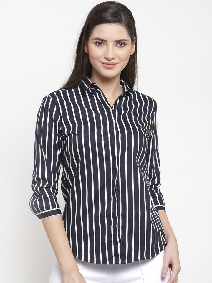 Women Navy Pure Cotton Striped Slim Fit Formal Shirt