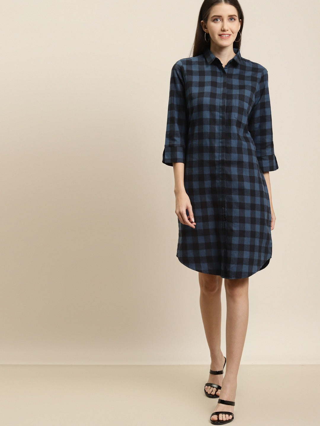 Women Blue-Black Checks Pure Cotton Regular Fit Formal Dress