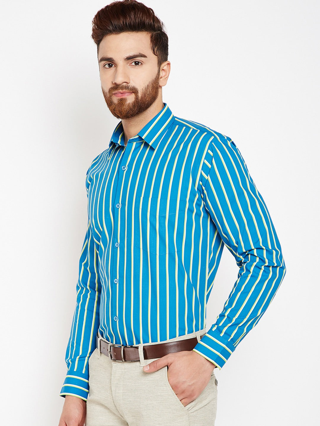 Men Blue Stripes Pure Cotton Slim Fit Formal Shirt