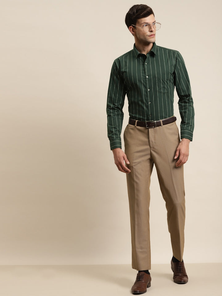 Men Bottle Green Stripes Pure Cotton Slim Fit Formal Shirt