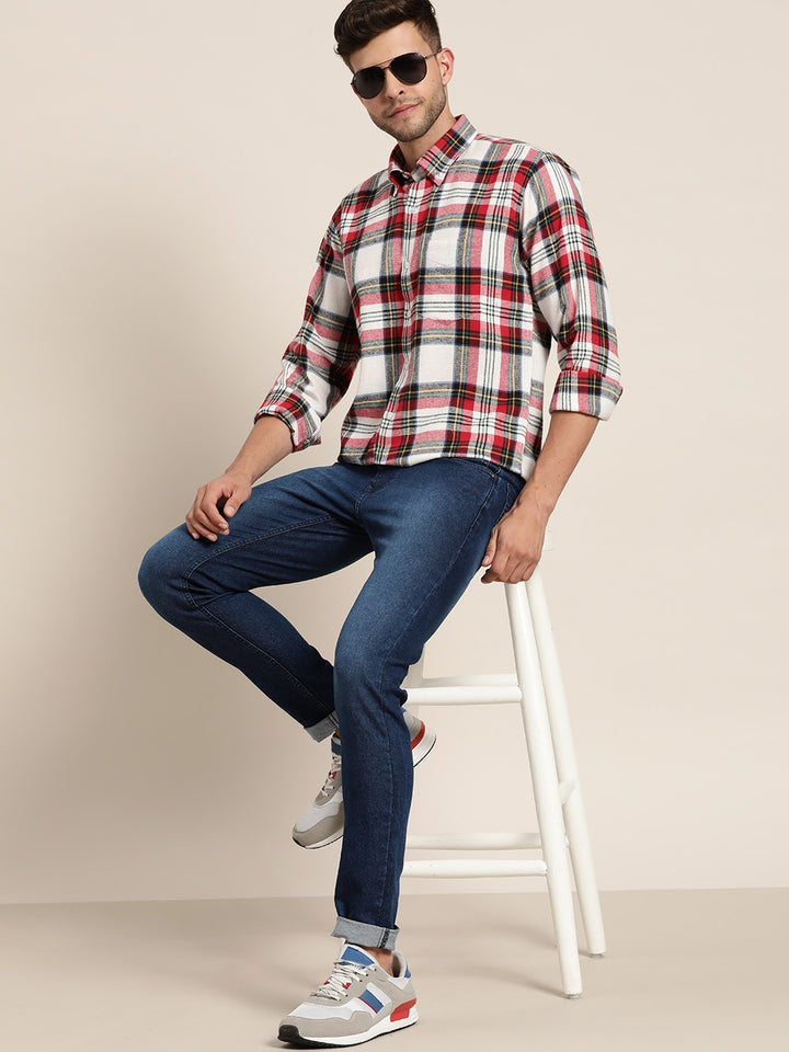 Men Red & White Checked Pure Cotton Slim Fit Casual Shirt