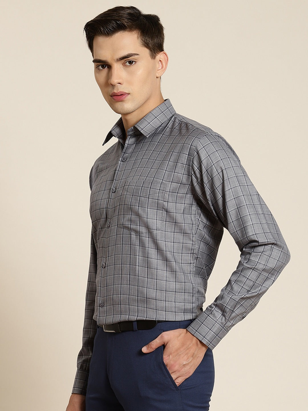 Men Grey Checks Cotton Rich Slim Fit Formal Shirt