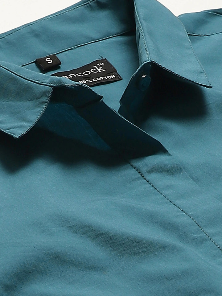 Women Turquoise Blue Solids Pure Cotton Slim Fit Formal Shirt