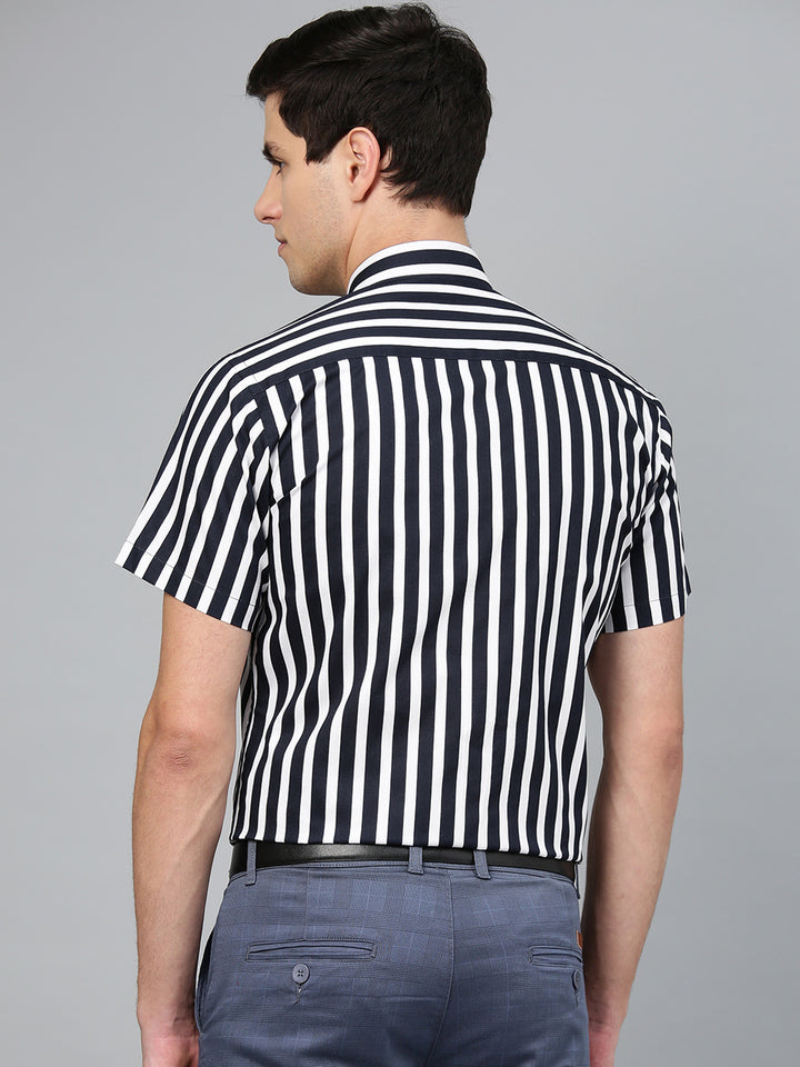 Men Navy Pure Cotton Striped Slim Fit Formal Shirt