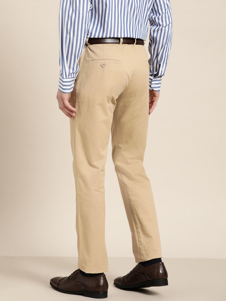 Men Beige Solids Pure Cotton Slim Fit Formal Trouser