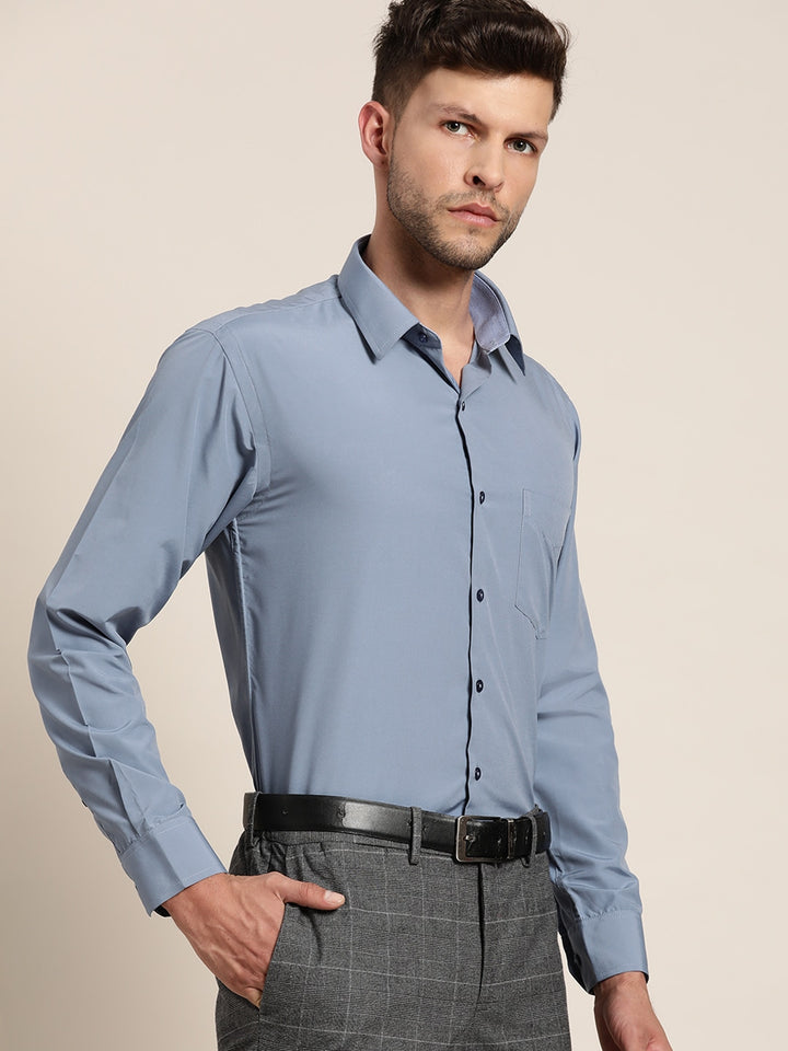 Men Blue & Grey Solids Slim Fit Formal Shirt