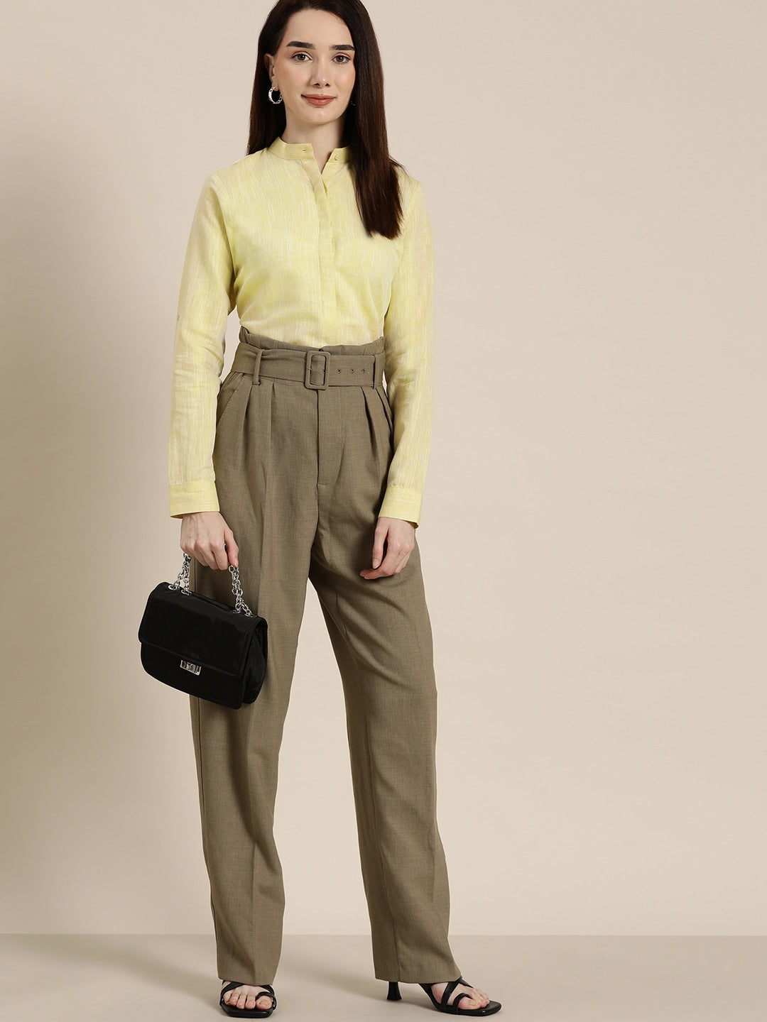 Women Yellow Solid Linen Cotton Slim Fit Formal Shirt
