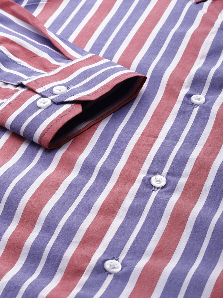 Men Blue & Red Stripes Pure Cotton Slim Fit Formal Shirt