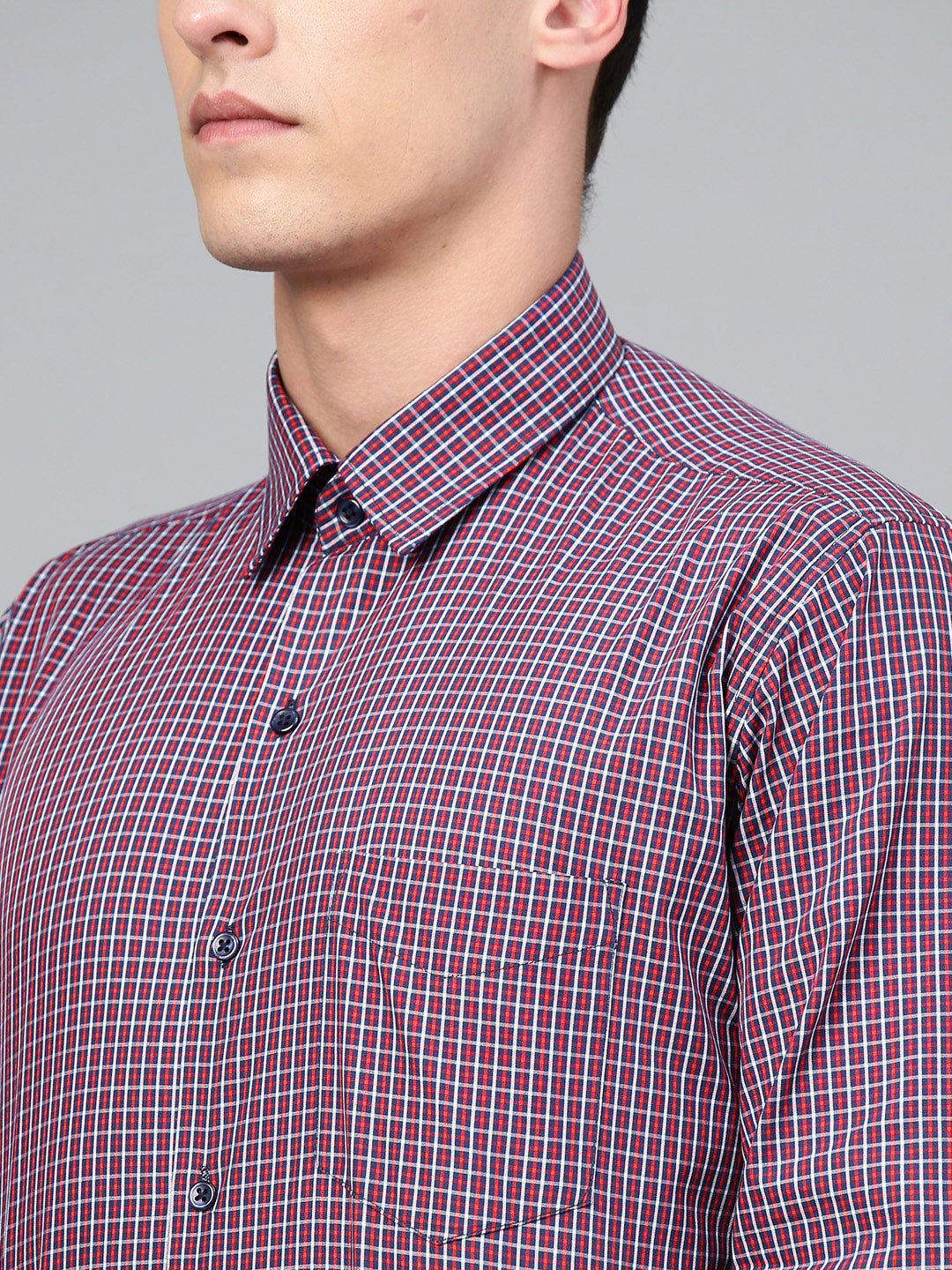 Men Navy & Red Pure Cotton Checked Slim Fit Formal Shirt