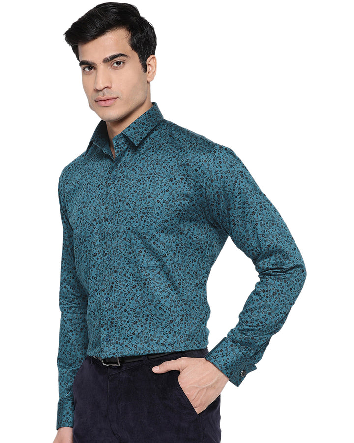Men Turquoise Cotton Printed Slim Fit Formal Shirt