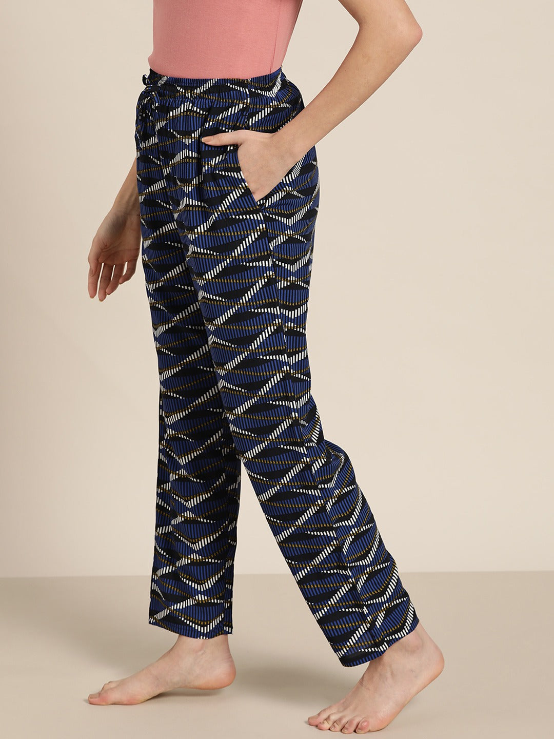 Women Navy & Blue Printed Viscose Rayon Relaxed Fit Casual Lounge Pant