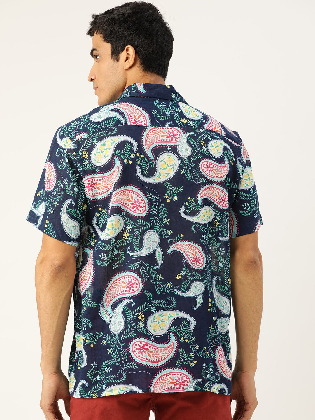 Men Navy Blue Printed Viscose Rayon Relaxed Fit Casual Resort Shirt