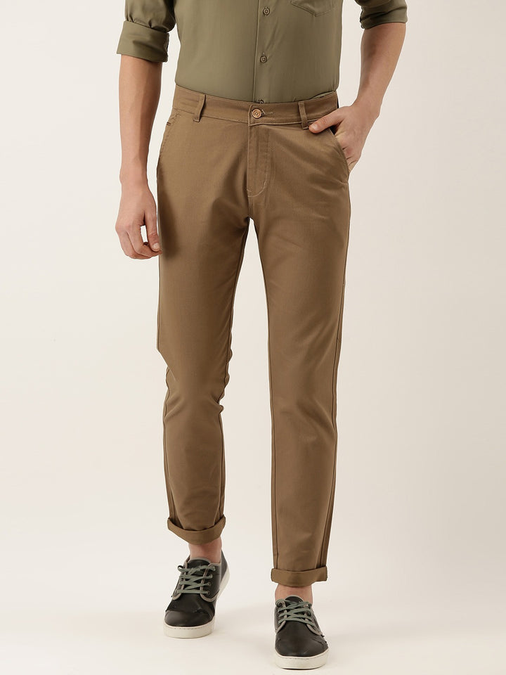 Men Peanut Brown Solids Pure Cotton Slim Fit Formal Trouser
