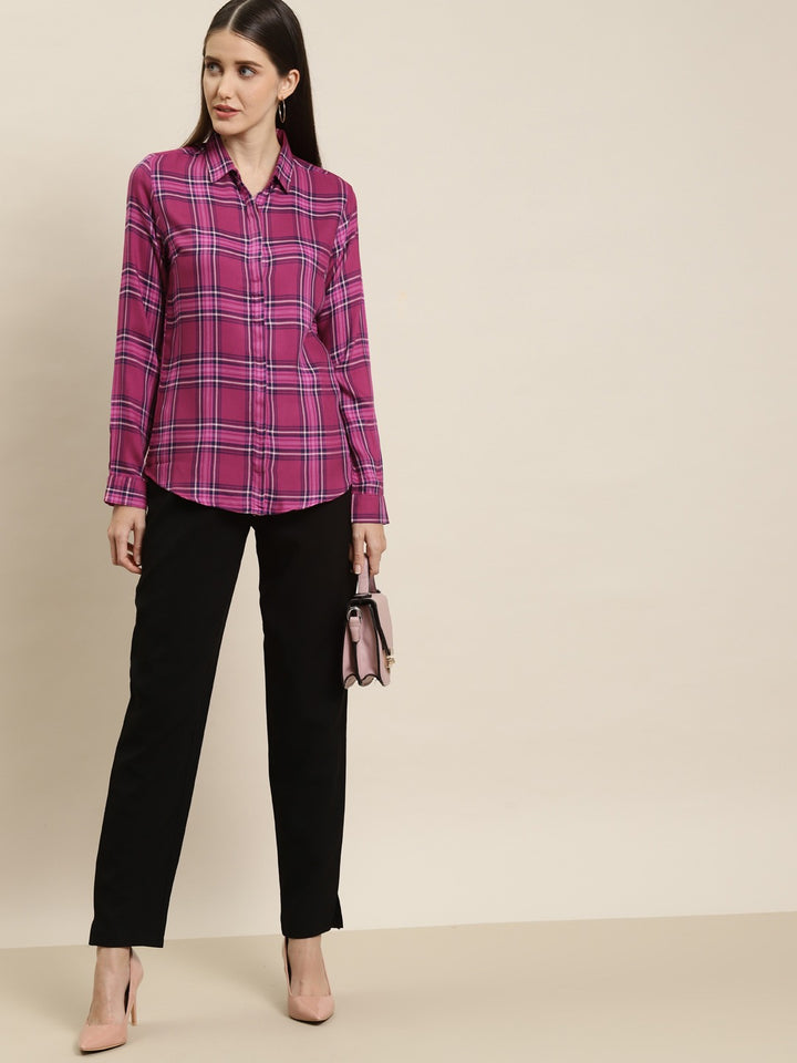Women Magenta Checks Viscose Rayon Slim Fit Formal Shirt