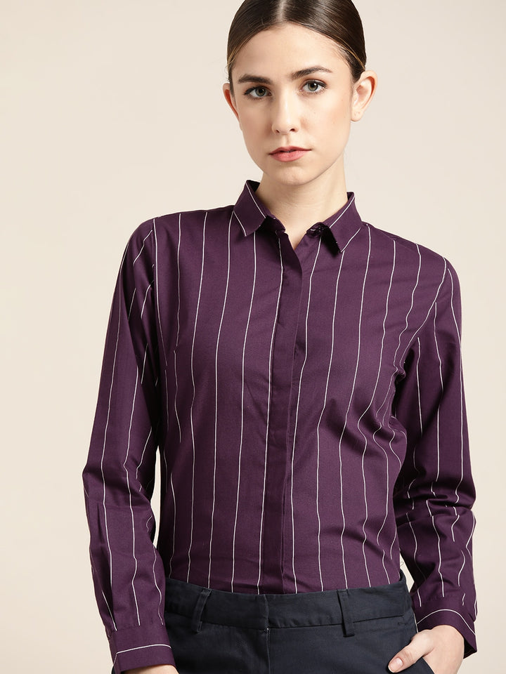 Women Wine Striped Pure Cotton Slim Fit Formal Shirt