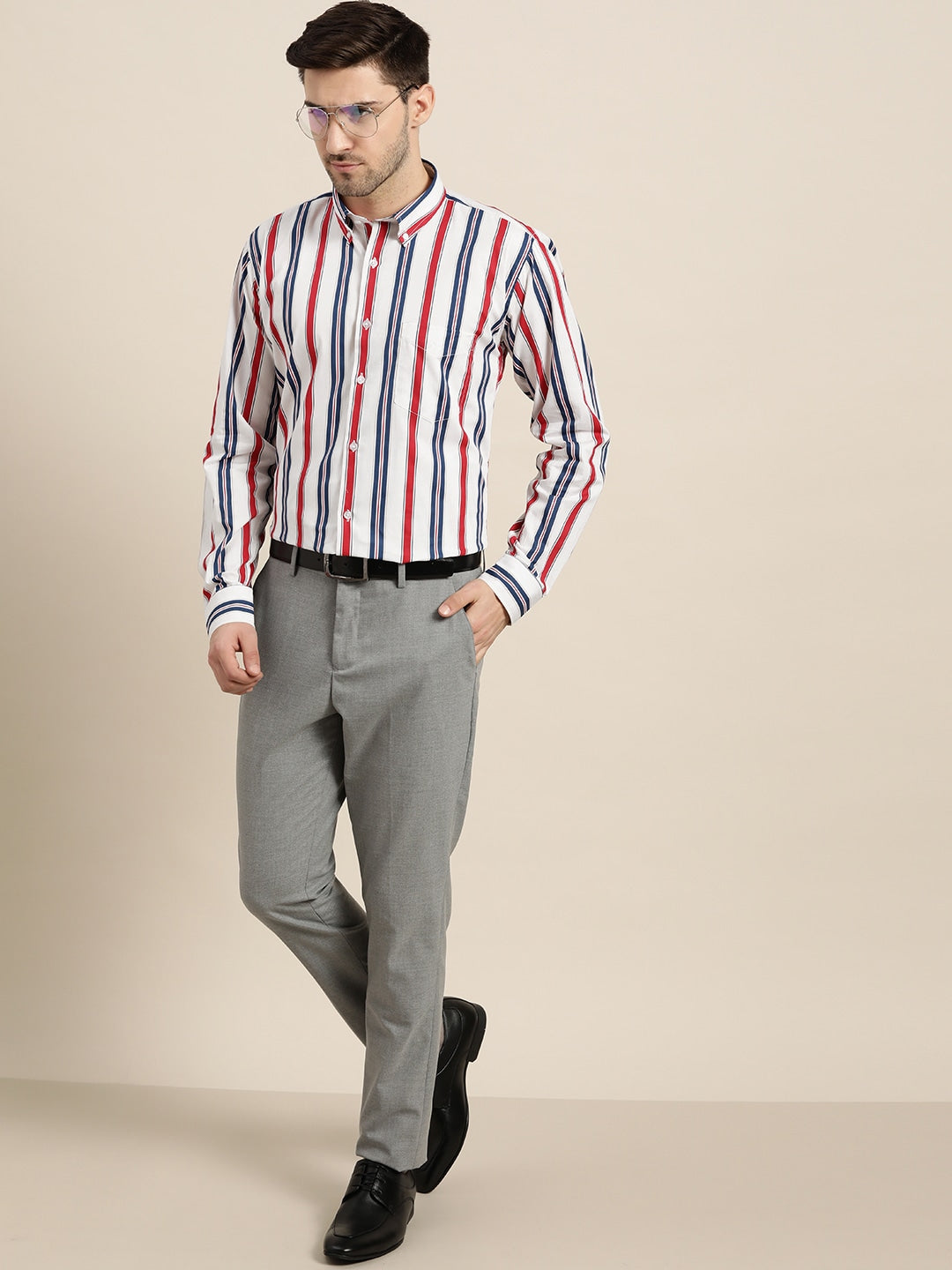 Men Navy & White Stripes Pure Cotton Slim Fit Formal Shirt