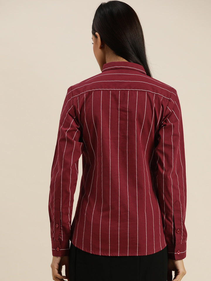 Women Maroon Striped Pure Cotton Slim Fit Formal Shirt