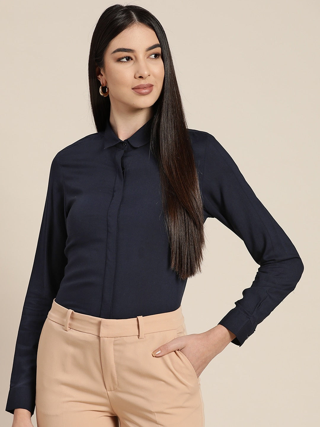 Women Navy Solids Viscose Rayon Slim Fit Formal Shirt