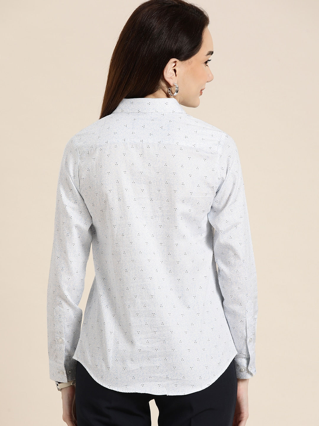 Women White & Blue Printed Pure Cotton Slim Fit Formal Shirt