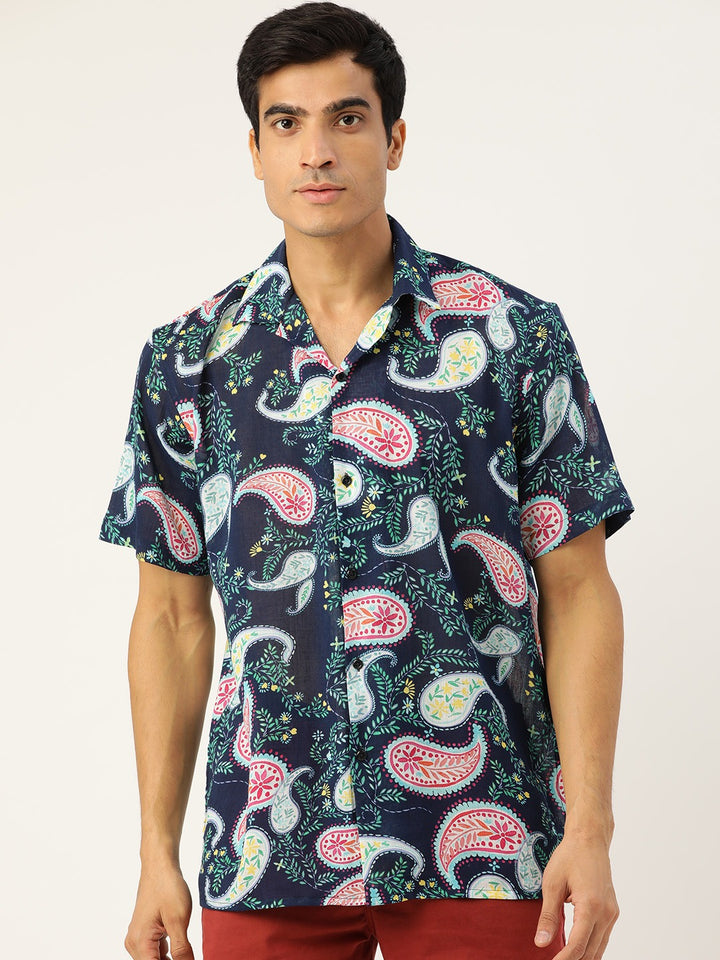 Men Navy Blue Printed Viscose Rayon Relaxed Fit Casual Resort Shirt