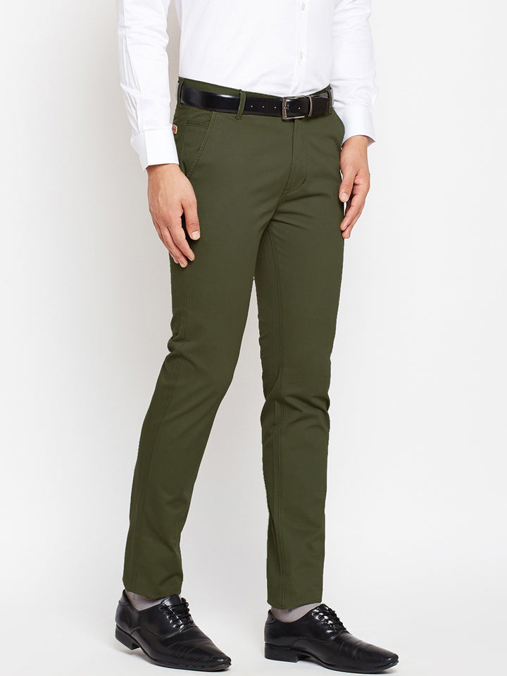Men Dark Olive Solids Pure Cotton Slim Fit Formal Trouser