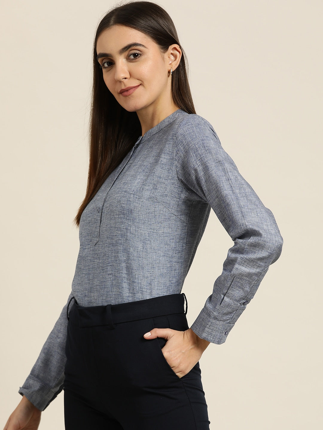 Women Blue Solids Pure Cotton Slim Fit Formal Top