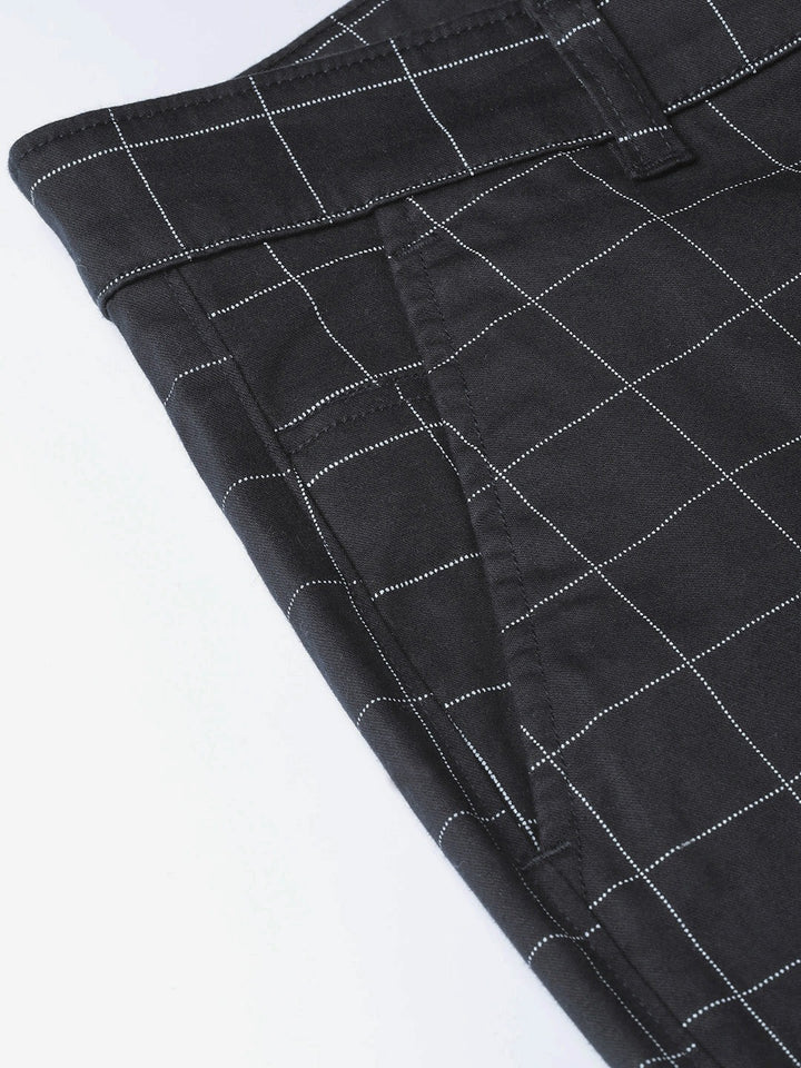 Men Black Checked Cotton Stretch Slim Fit Formal Trouser
